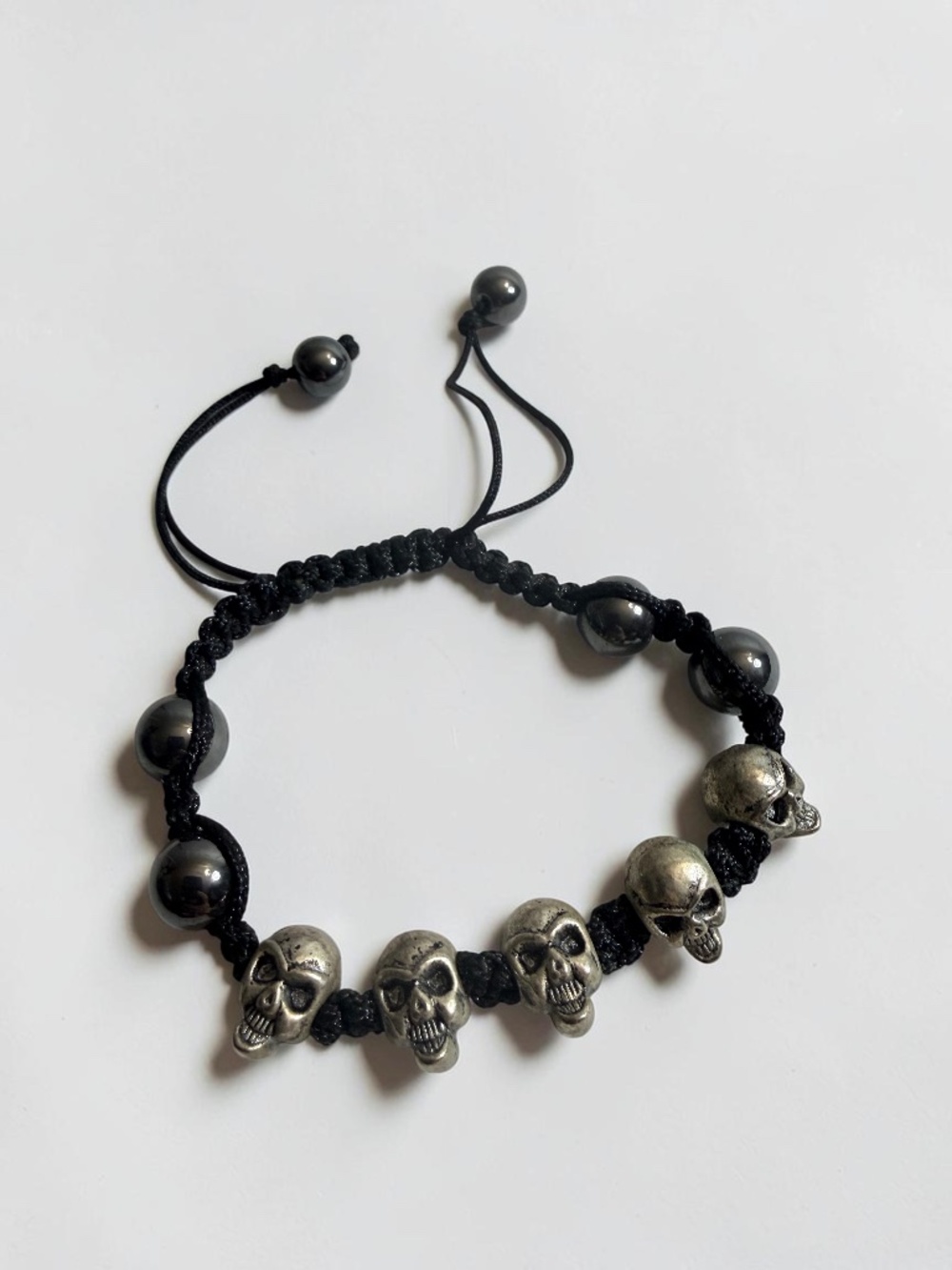 Silver Skull Adjustable Bracelet Black Hematite Beads Gothic Biker Unisex